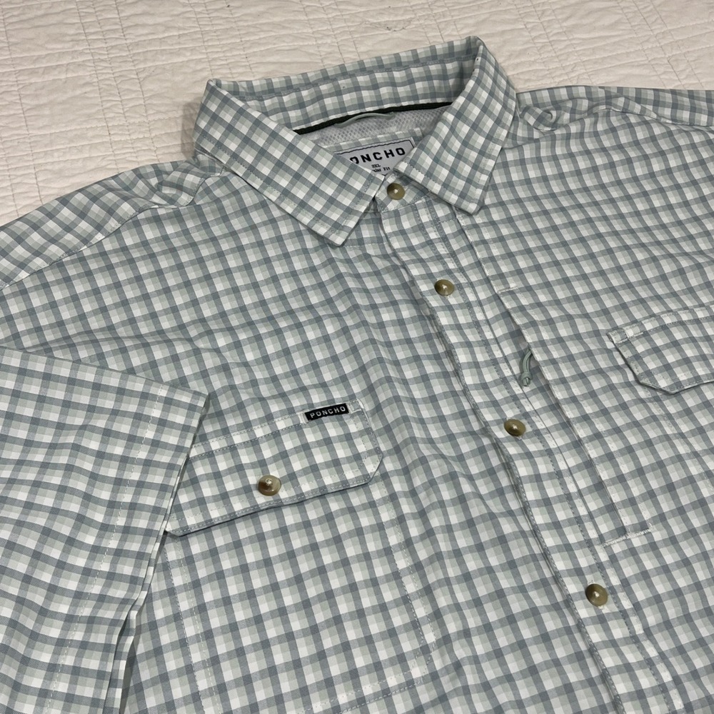 Poncho Outdoors Mens 3XL Green Gingham Magnetic Button Fishing Shirt